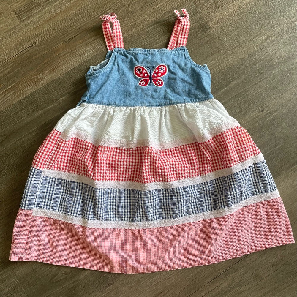 Charming Red White Blue Girls Dress W Butterfly Embroidery Size 5